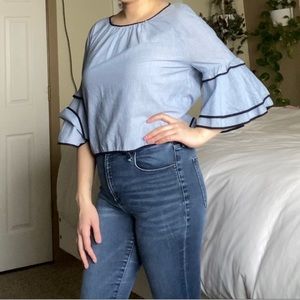 Zara 3/4 Bell Sleeve Striped Blue Blouse